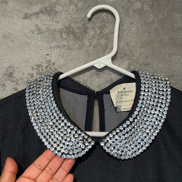 Kate Spade Kimberly Peter Pan Rhinestone Crystal Collar Denim Dress Sz 0 Elegant - Picture 3 of 8